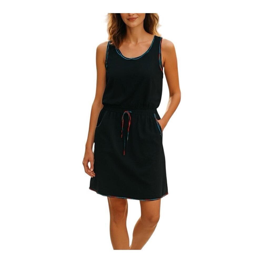 G By Giuliana Black Sleeveless Tank Dress Large Colorful Trim Tie Waist Pockets